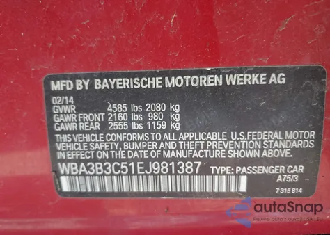 2014 BMW 328I xDrive из США, поврежденный, VIN WBA3B3C51EJ981387